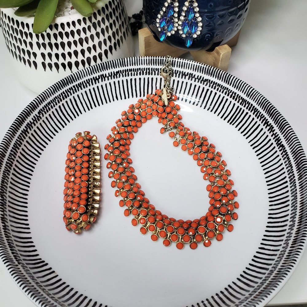 Coral Bead & Gold Tone Tribal Wedding Collar and Cuff/Bracelet